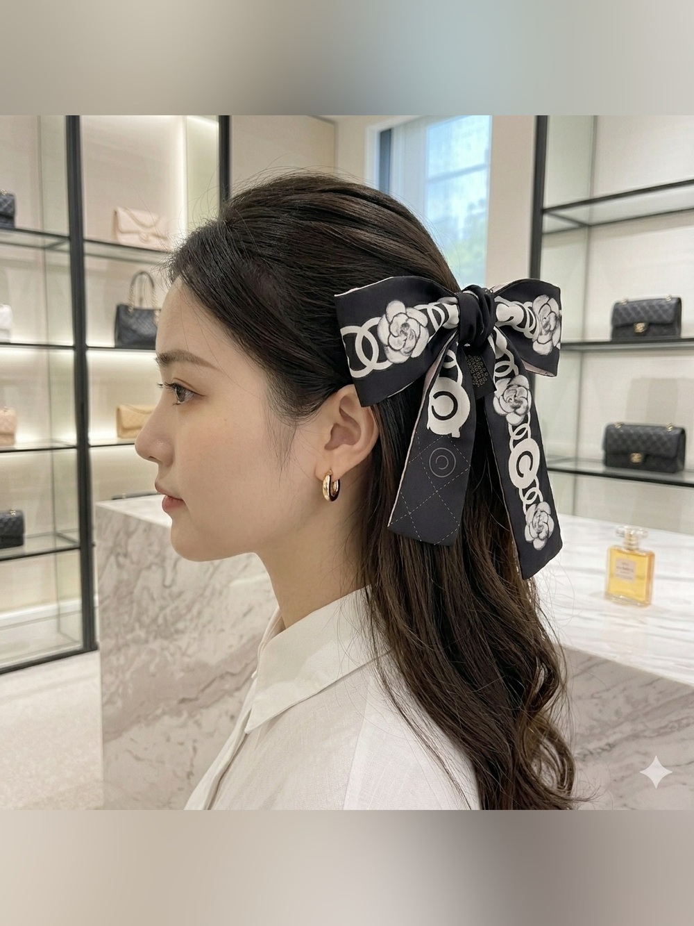 Parisian Chic Floral & Quilted Silk Skinny Scarf (Twilly) - Picture 6 of 7